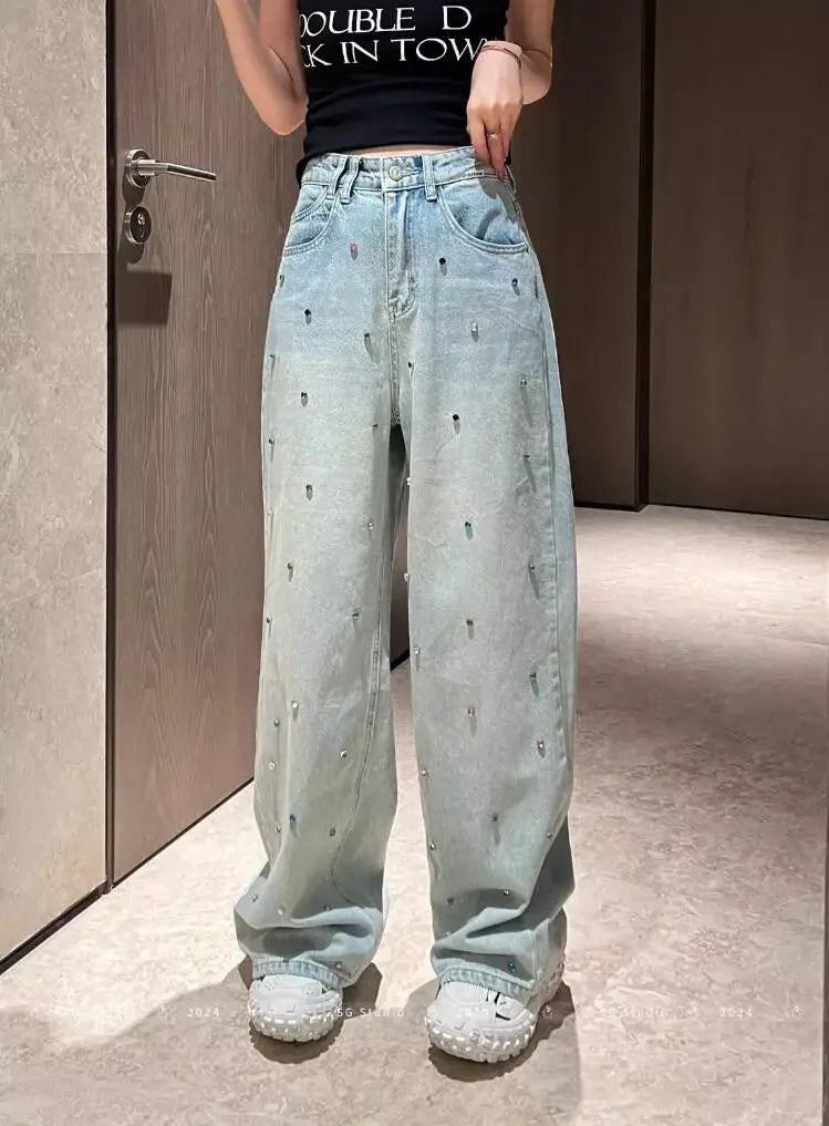 Y2K Slim High Waist Straight Leg Multi Rhinestone Jeans