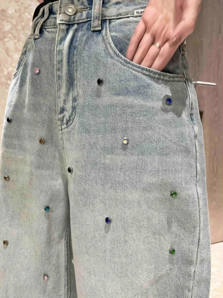 Y2K Slim High Waist Straight Leg Multi Rhinestone Jeans