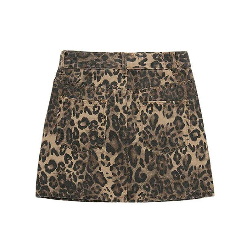 Y2K Slim Leopard Print Denim Mini Skirt