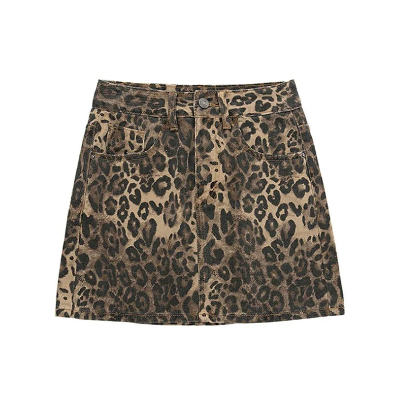 Y2K Slim Leopard Print Denim Mini Skirt