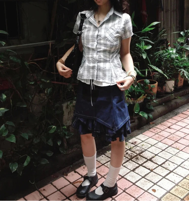 Y2K Slim Short Sleeve Plaid Vintage Blouse Button Up Shirt