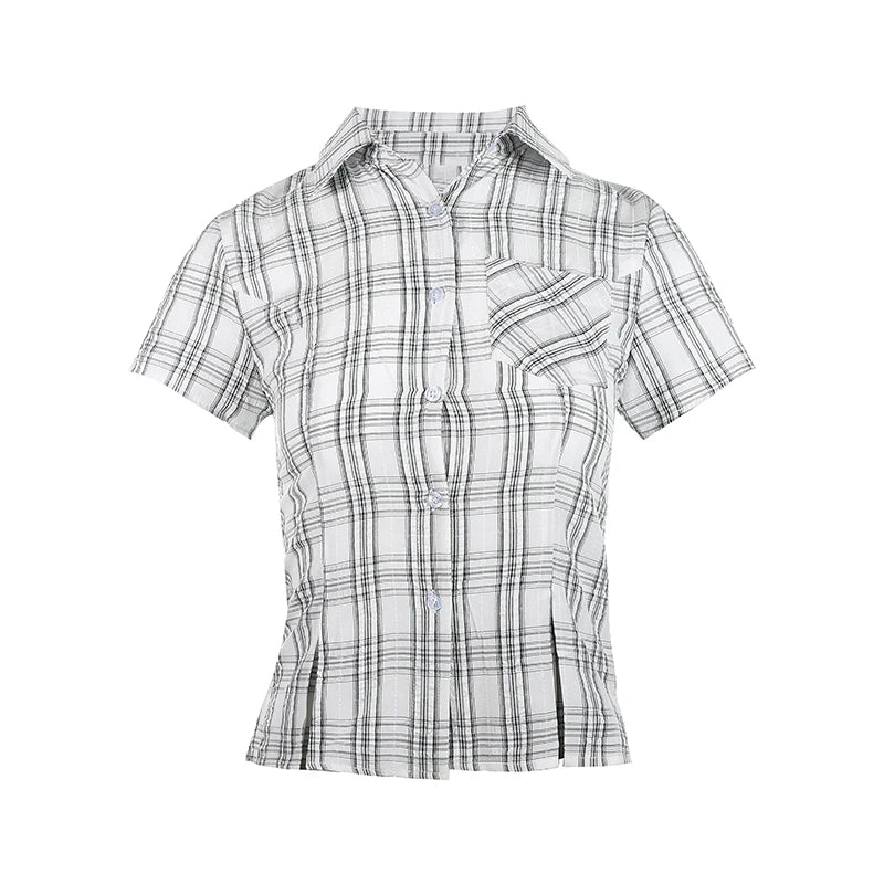 Y2K Slim Short Sleeve Plaid Vintage Blouse Button Up Shirt