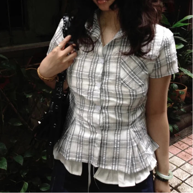 Y2K Slim Short Sleeve Plaid Vintage Blouse Button Up Shirt