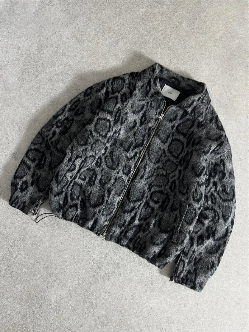 Y2K Snow Leopard Print Faux Fur Zip Up Jacket