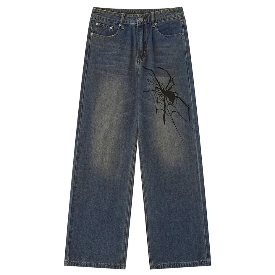 Y2K Spider Print Graphic Denim Jeans