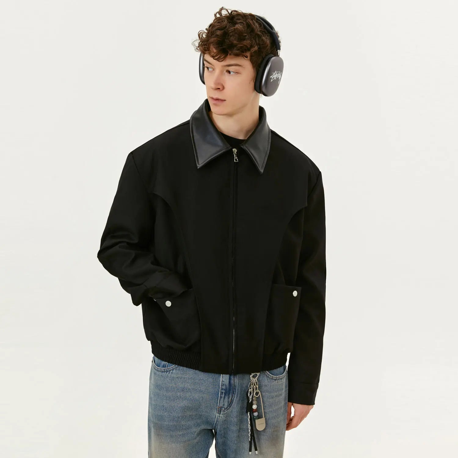 Y2K Spliced Polo Collar Full Zip Up Jacket