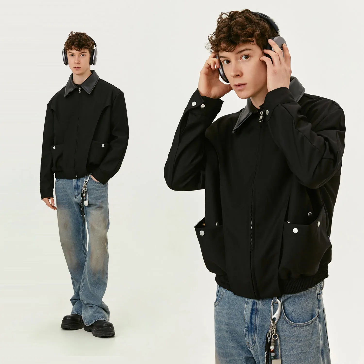 Y2K Spliced Polo Collar Full Zip Up Jacket