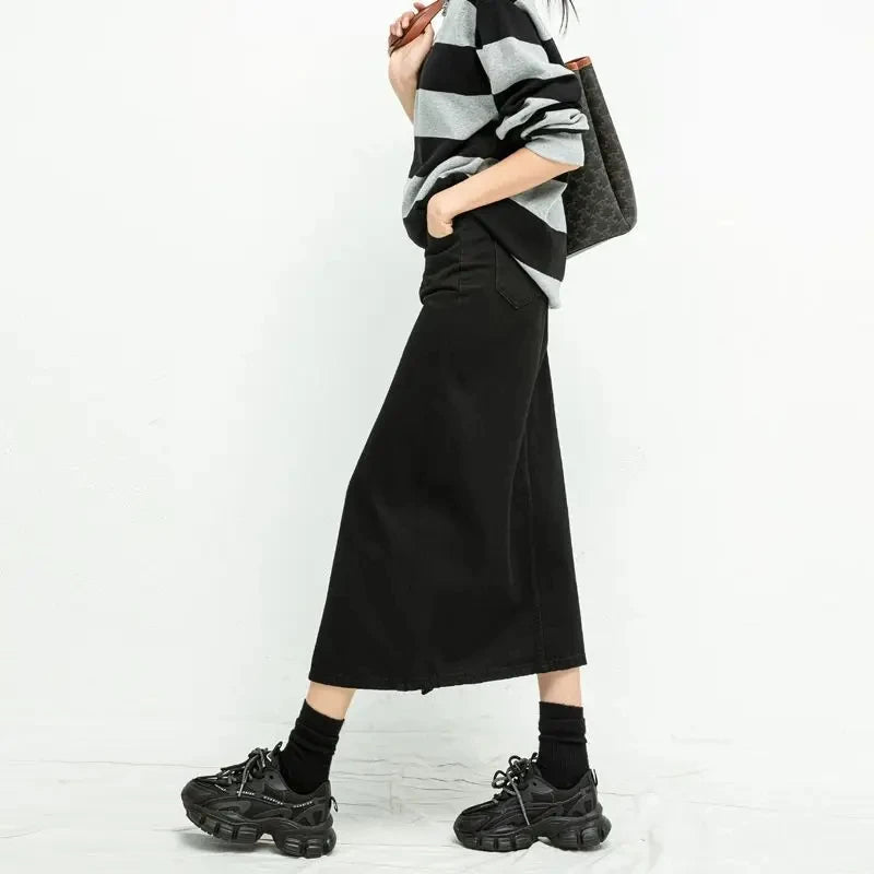 Y2K Split High Waist Denim Midi Skirt