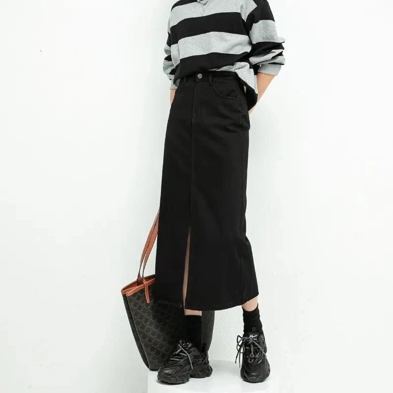 Y2K Split High Waist Denim Midi Skirt