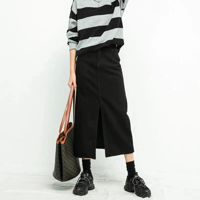 Y2K Split High Waist Denim Midi Skirt