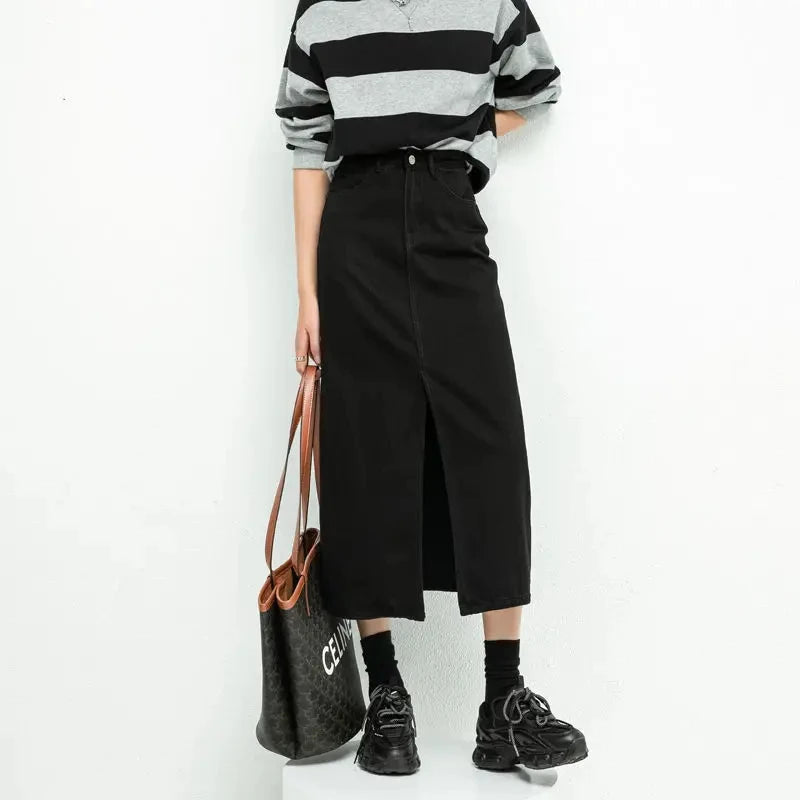 Y2K Split High Waist Denim Midi Skirt