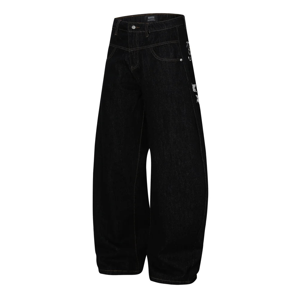 Y2K Star Letter Print Baggy Denim Curved Barrel Jeans