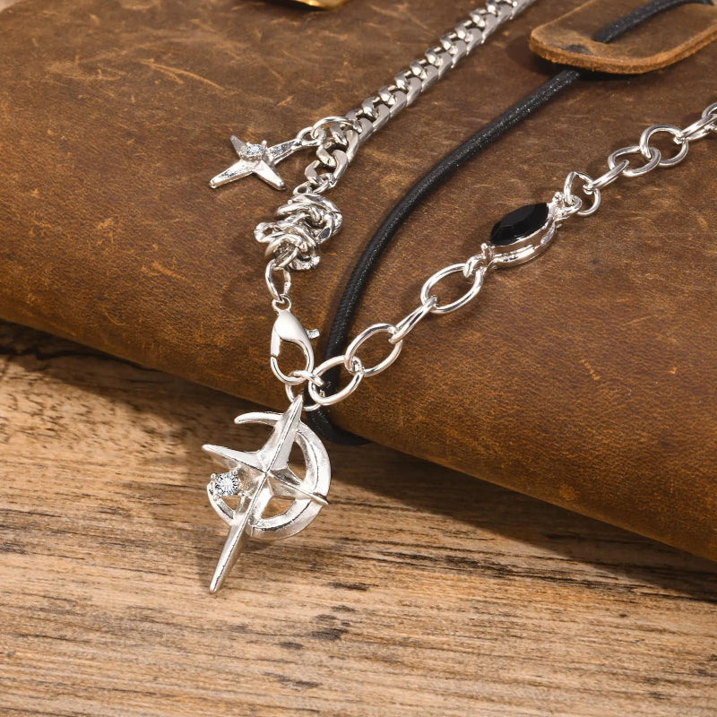 Y2K Star Moon Inlay Gem Pendant Necklace