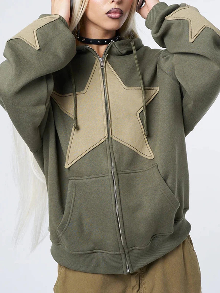 Y2K Star Print Baggy Hooded Sweatshirt