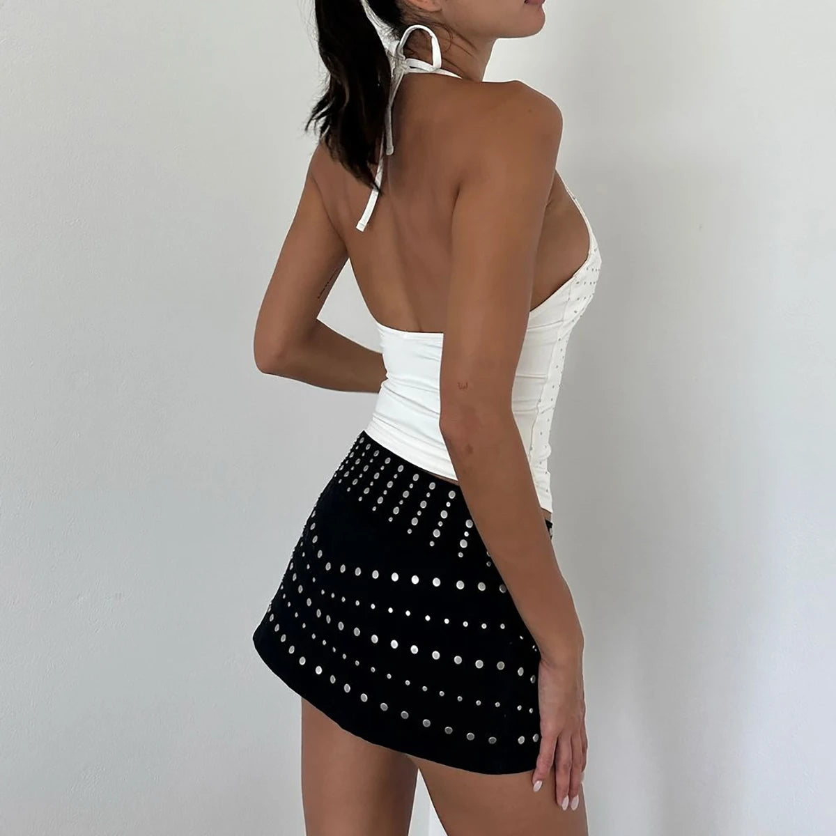 Y2K Stoned Heart White Backless Halter Top