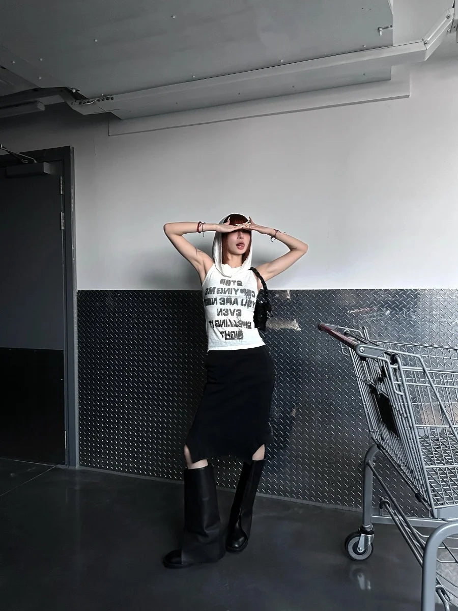 Y2K Stop Copying Me Sheer Mesh Hooded Tank Top