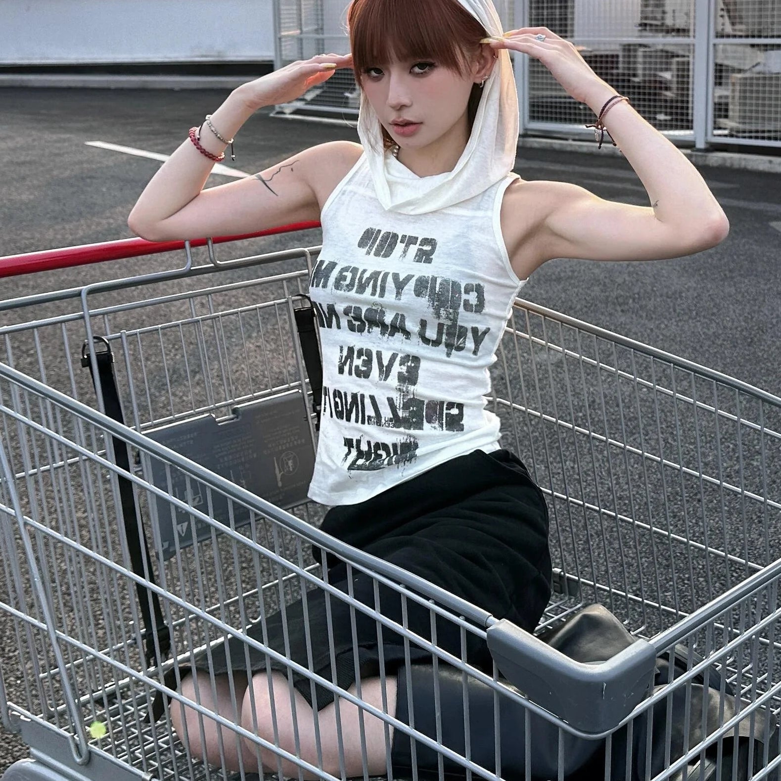 Y2K Stop Copying Me Sheer Mesh Hooded Tank Top