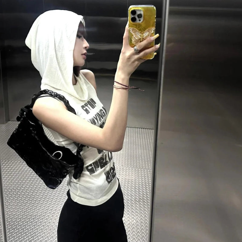 Y2K Stop Copying Me Sheer Mesh Hooded Tank Top