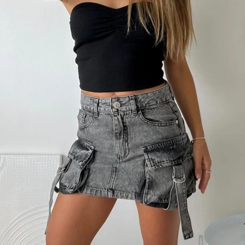 Y2K Strappy Denim Cargo Mini Skirt