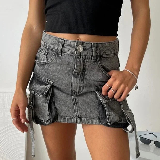 Y2K Strappy Denim Cargo Mini Skirt