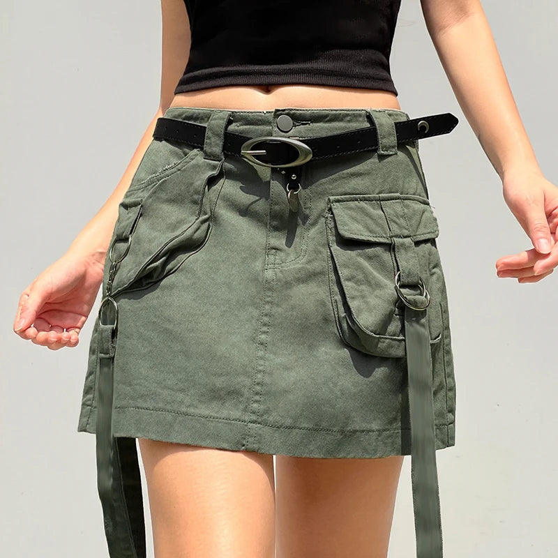 Y2K Strappy Green Cargo Mini Skirt