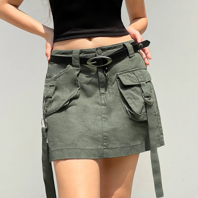 Y2K Strappy Green Cargo Mini Skirt