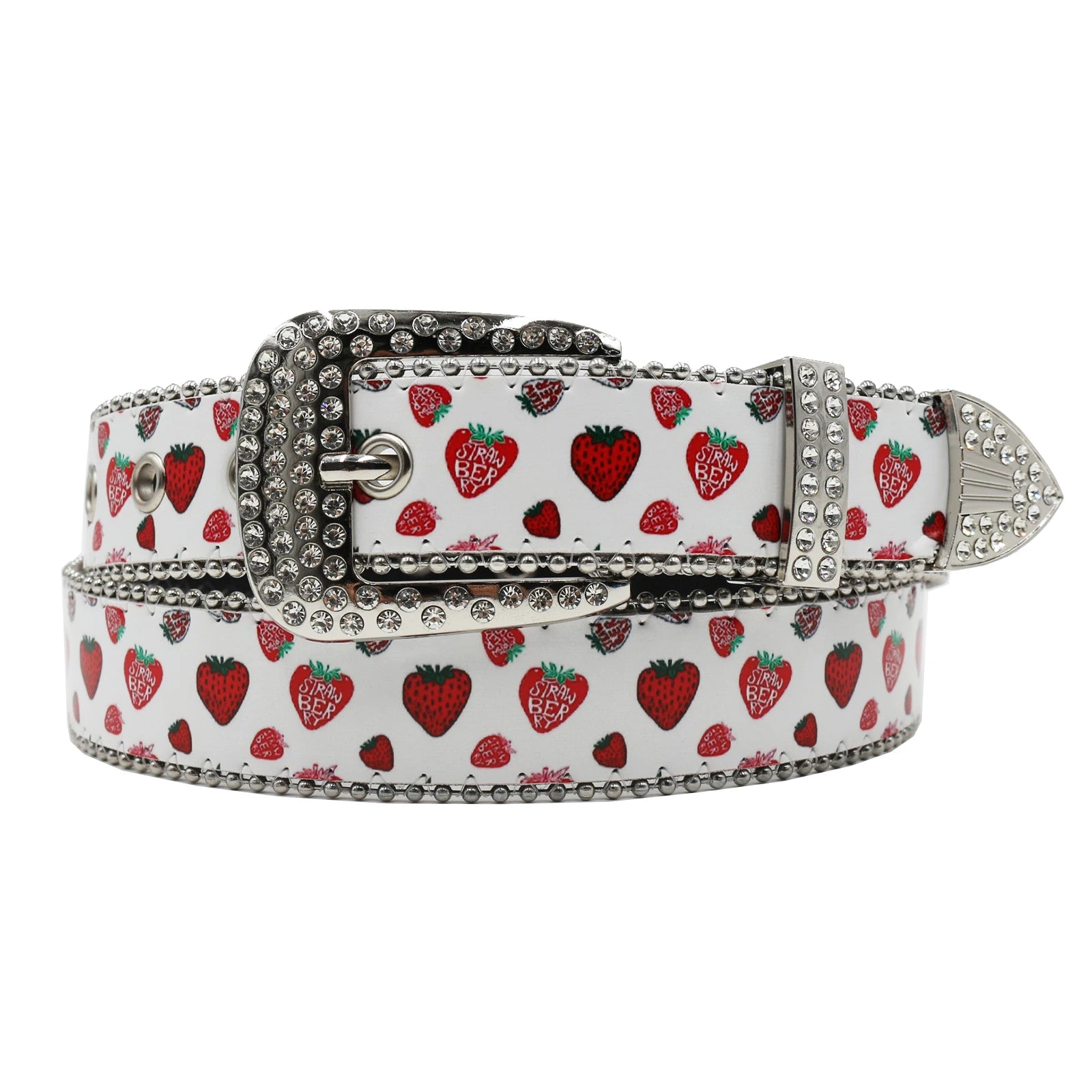 Y2K Strawberry Graphic Faux Water Diamond Rhinestone Belt