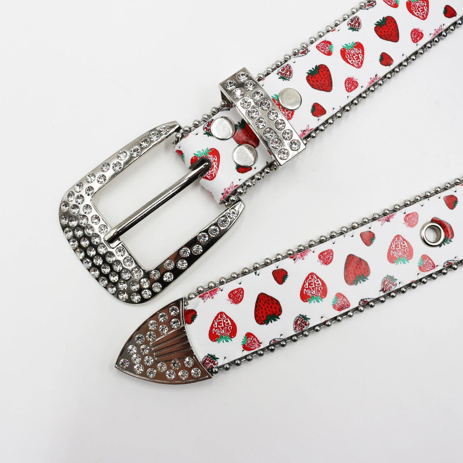 Y2K Strawberry Graphic Faux Water Diamond Rhinestone Belt