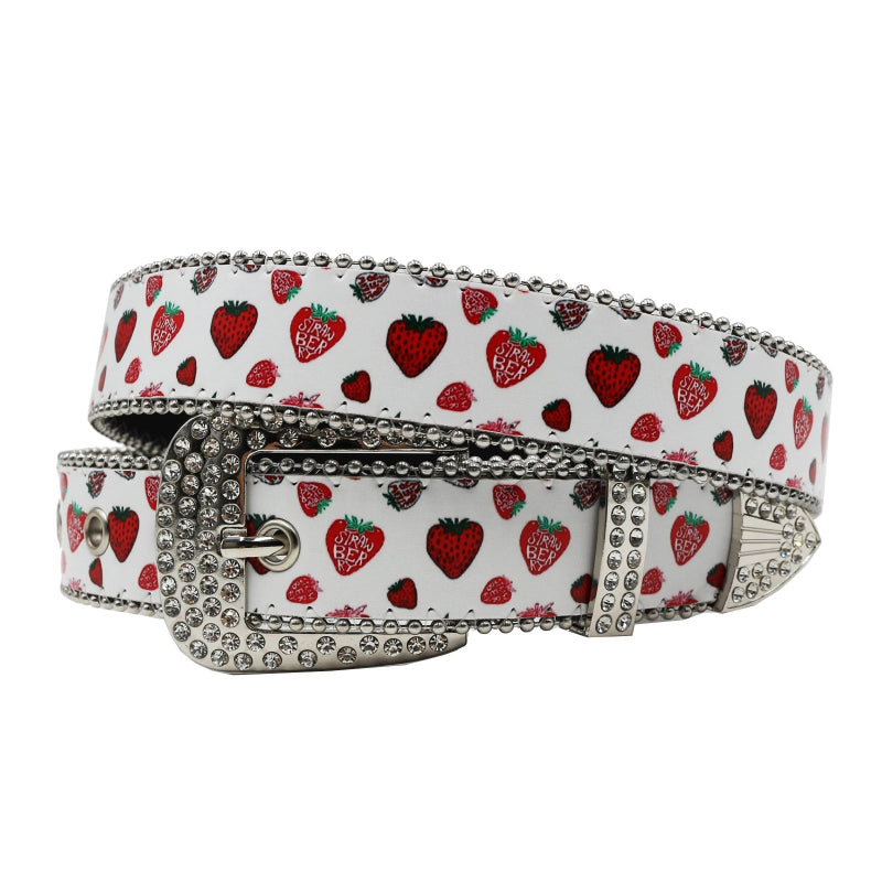 Y2K Strawberry Graphic Faux Water Diamond Rhinestone Belt