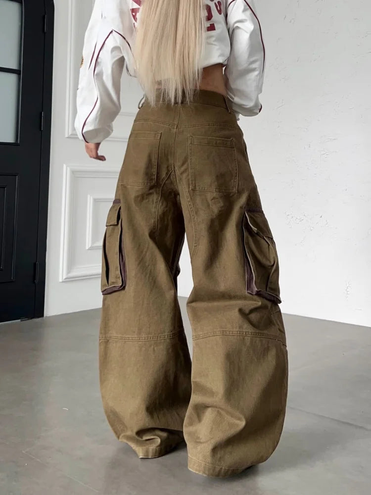 Y2K Streetwear Patchwork Baggy Barrel Low Waist Cargo Jeans