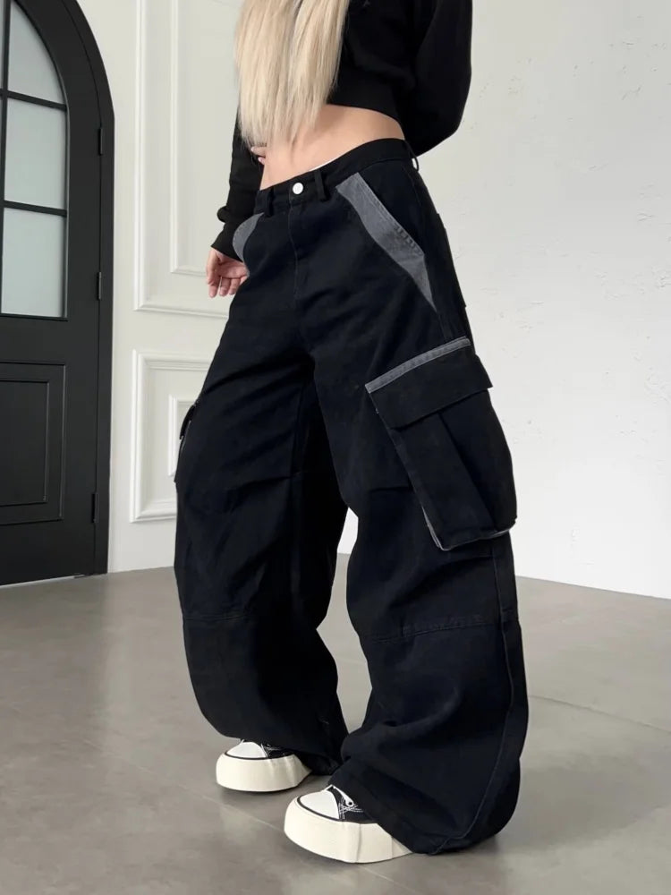 Y2K Streetwear Patchwork Baggy Barrel Low Waist Cargo Jeans