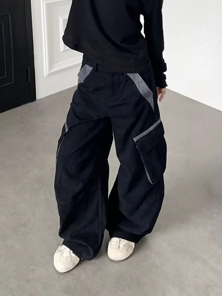 Y2K Streetwear Patchwork Baggy Barrel Low Waist Cargo Jeans