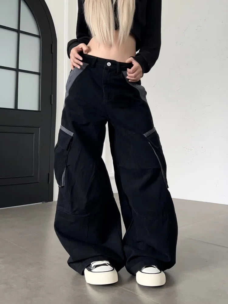 Y2K Streetwear Patchwork Baggy Barrel Low Waist Cargo Jeans