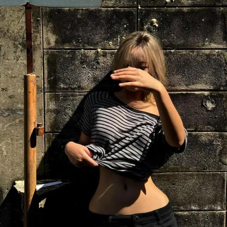 Y2K Streetwear Striped Off Shoulder Top