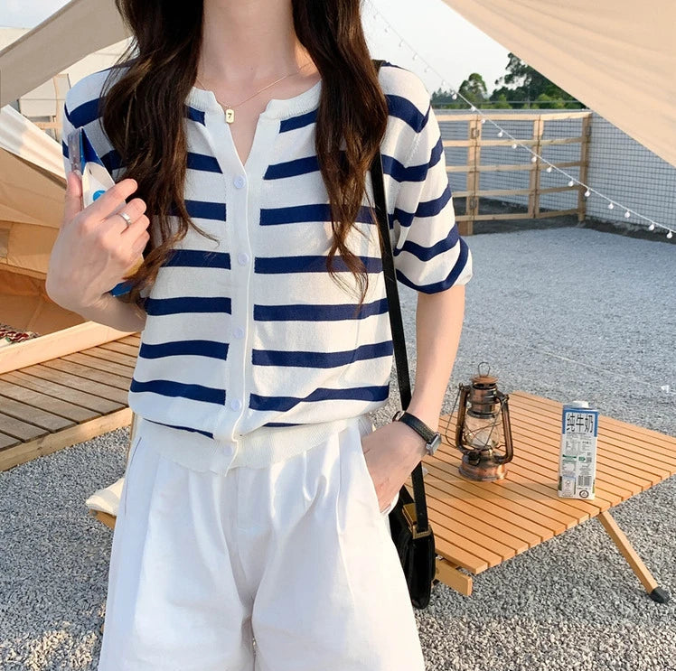 Y2K Striped Cardigan Mid Sleeve Cardigan