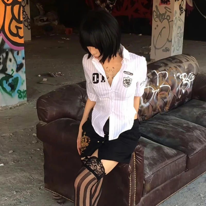 Y2K Striped Crest Three Quarter Print Aesthetic Shirt