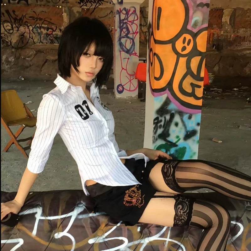 Y2K Striped Crest Three Quarter Print Aesthetic Shirt