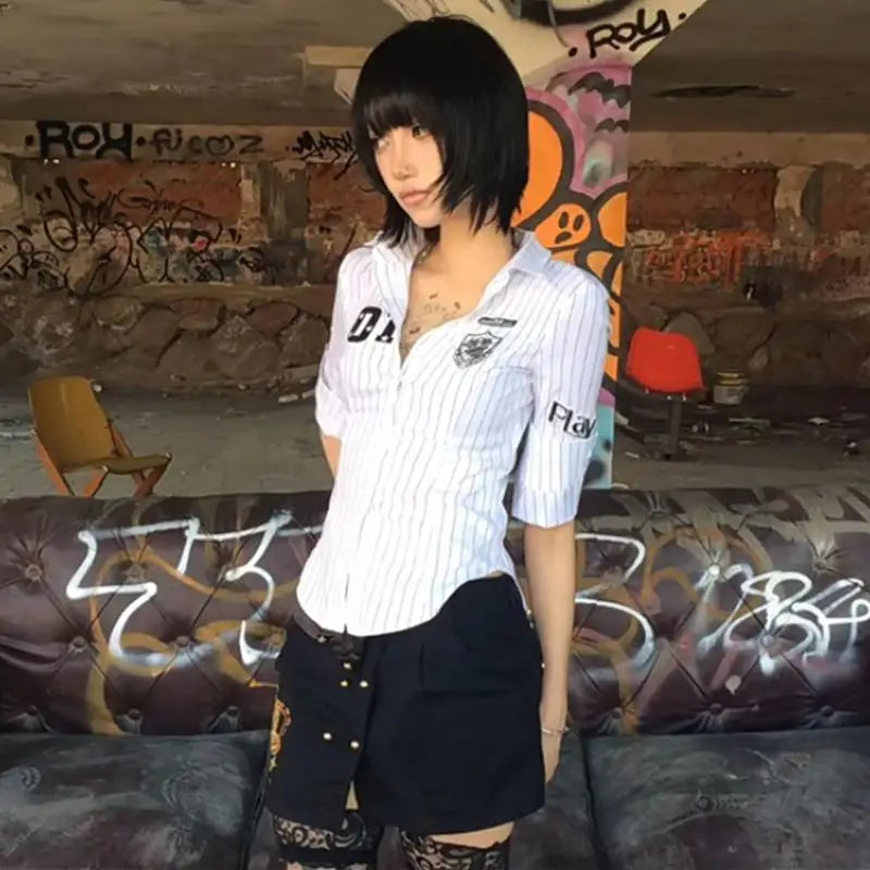 Y2K Striped Crest Three Quarter Print Aesthetic Shirt