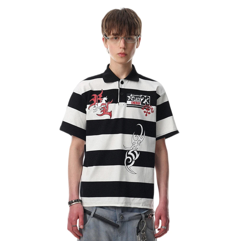 Y2K Striped Graphic Short Sleeve Polo Shirt