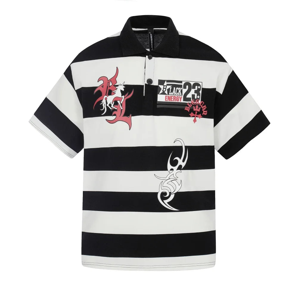 Y2K Striped Graphic Short Sleeve Polo Shirt