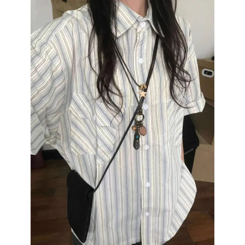 Y2K Striped Short Sleeve Button Up Blouse Shirt