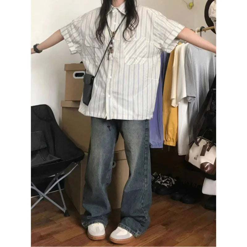 Y2K Striped Short Sleeve Button Up Blouse Shirt