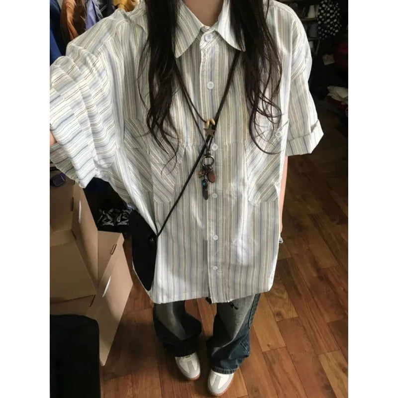 Y2K Striped Short Sleeve Button Up Blouse Shirt