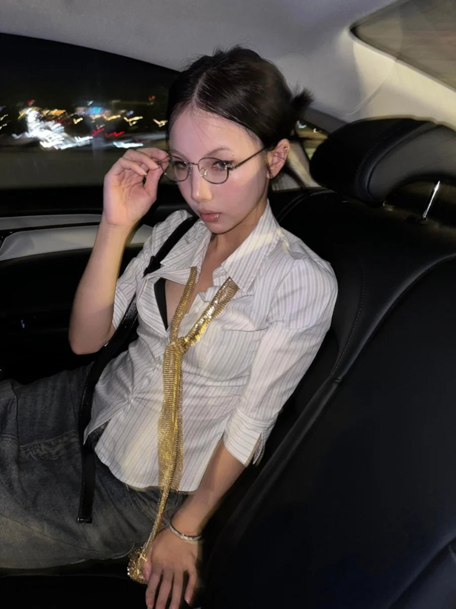 Y2K Striped Three Quarter Slim Button Up Shirt