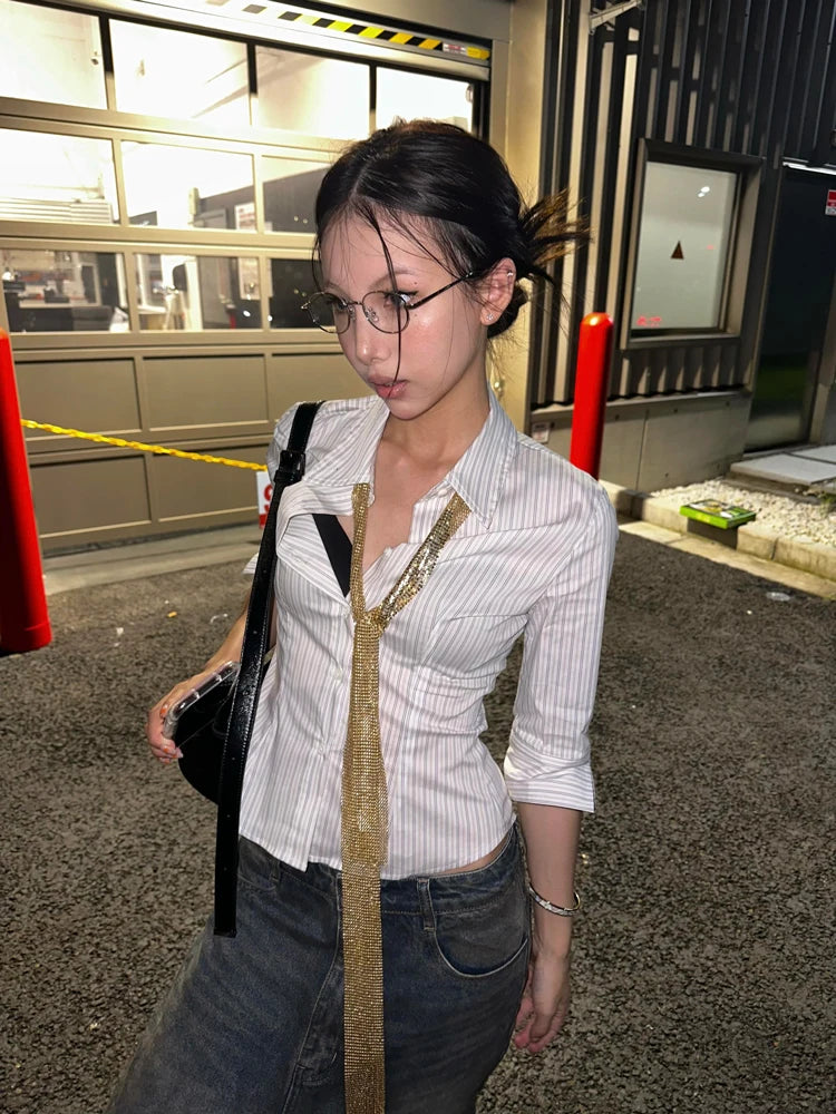 Y2K Striped Three Quarter Slim Button Up Shirt