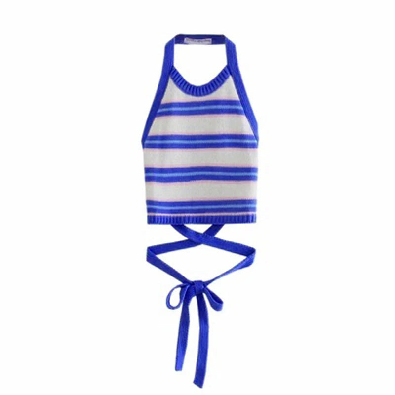 Y2K Striped Tie Up Backless Halter Top