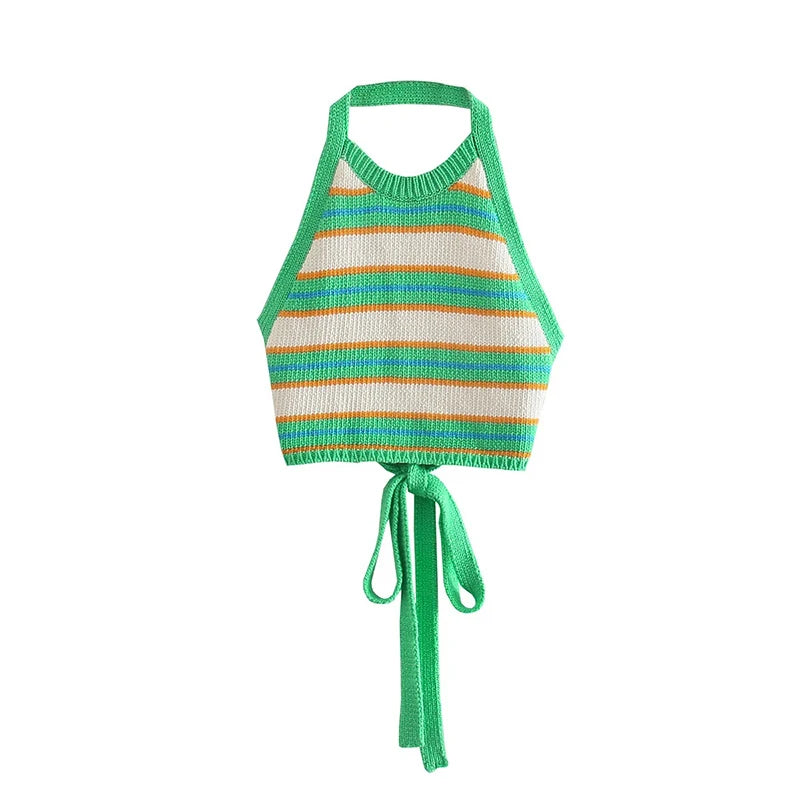 Y2K Striped Tie Up Backless Halter Top