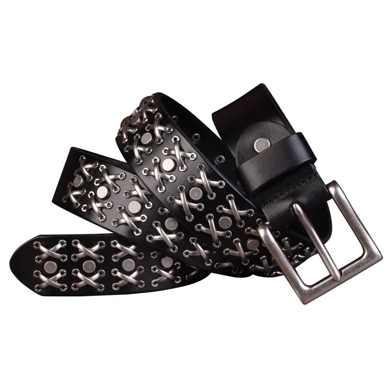 Y2K Studded Cross Stitch Rivet Genuine Leather Belt