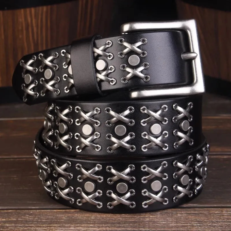 Y2K Studded Cross Stitch Rivet Genuine Leather Belt