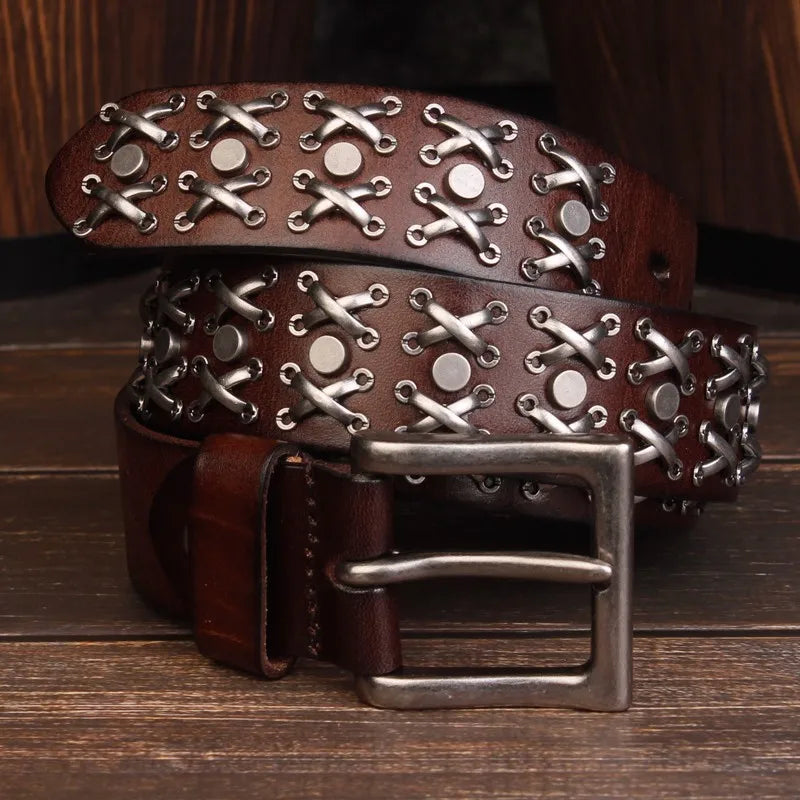 Y2K Studded Cross Stitch Rivet Genuine Leather Belt